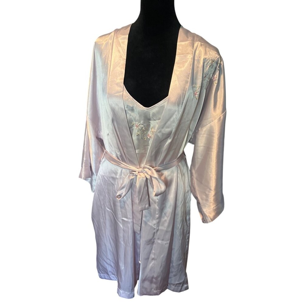 Vintage‎ L.A. Intimates Embroidered Satin Robe & Nightgown Set Medium